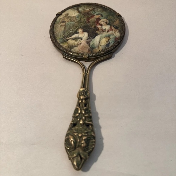 Vintage or Antique Victorian Portrait Art Gold-Tone Hand Mirror - Some Crazing - Picture 10 of 10